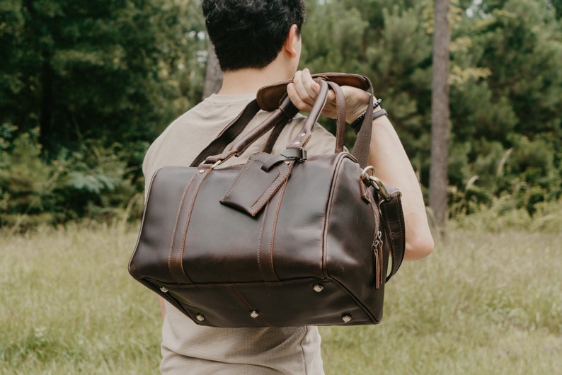 Leather Duffle Bag, Large Travel Bag, Mens Leather Weekend Bag, Personalized Outdoor Bag, Holdall Bag, Groomsmen Gift Bag Dark Brown - Small