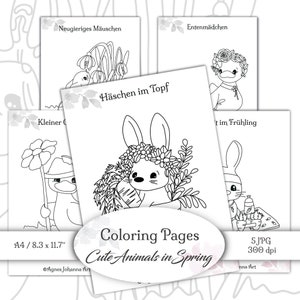 Coloring pages / 5 templates for coloring / Cute hand-drawn illustrations / Set &quot;Animal Children in Spring&quot; for printing