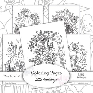 Könnte beinhalten: Vier Schwarzweiß-Malvorlagen mit fantasievollen Häusern mit filigranen Details. Die Seiten sind mit "Coloring Pages little buildings" betitelt und haben ein Format von 8,3 x 11,7 Zoll.
