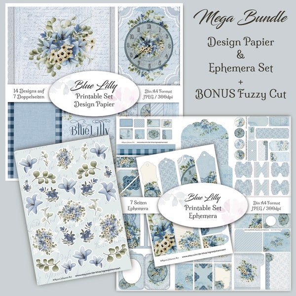 DIGITAL Junk Journal MEGA Bundle / Blue Lilly / Digital Papier & Ephemera Set + Bonus / Dateien zum Ausdrucken / 22 DIN A4 Seiten