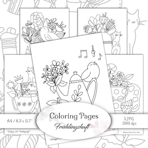 Op de afbeelding: Vier zwart-witte kleurplaten met een vogel, bloemen, een theepot en een kat. De pagina's zijn getiteld "Coloring Pages" en "Frühlingshaft".