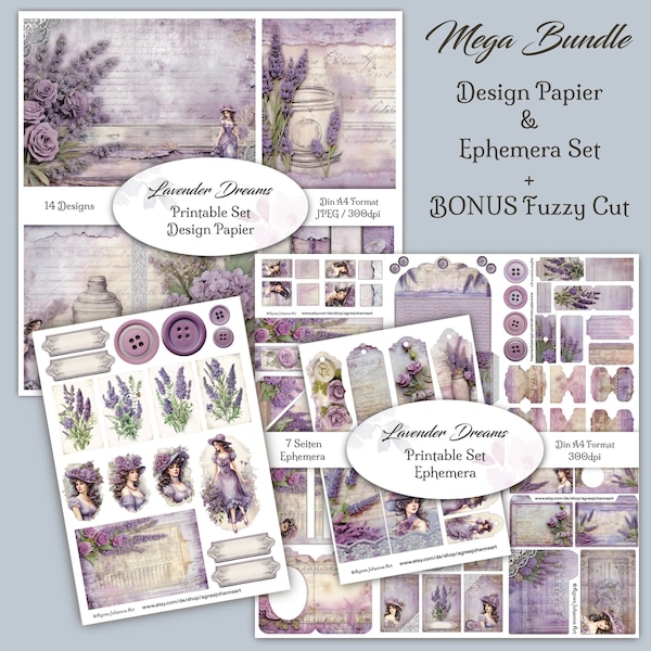 DIGITAL Junk Journal MEGA Bundle / Lavender Dreams / Digital Paper & Ephemera Set + Fuzzy Cut Bonus / Printable Files