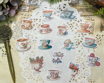 Handgemachte Ephemera / 15 einzeln ausgeschnittene Aufkleber / Romantische Vintage "Teetassen"
