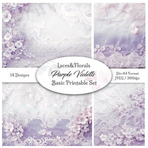 Könnte beinhalten: Ein Set mit 14 druckbaren digitalen Papieren mit zarten weißen Spitzenmustern auf einem violetten Hintergrund mit kleinen weißen Blüten. Die Papiere sind im DIN A4-Format und mit 300 dpi Auflösung. Laces & Florals Purple Violetts Basic Printable Set.