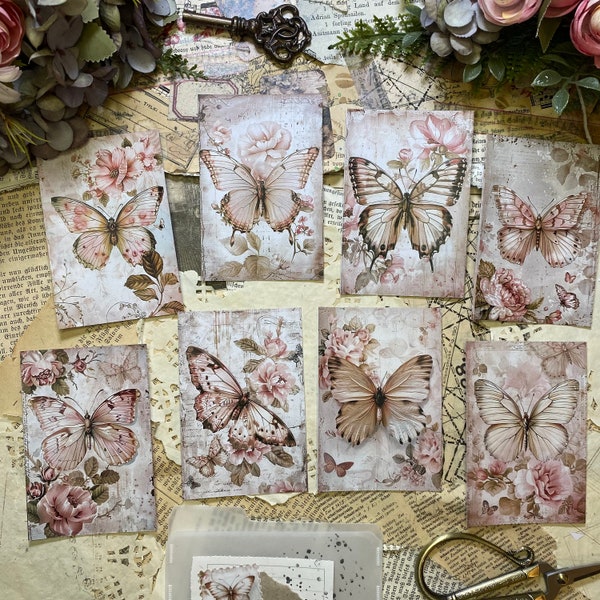 Handgemachte Ephemera / 8 Journal Karten / Shabby Chic Butterfly / Karten für Scrapbook und Junk Journal