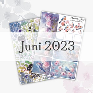 Könnte beinhalten: Ein druckbares Planungsblatt mit floralem Design und blauen Vögeln. Das Blatt ist mit "Juni 2023" betitelt und enthält den Text "Newsletter Juni Agnes Johanna Art".