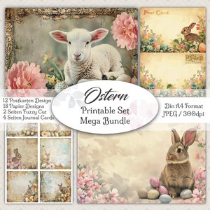 Könnte beinhalten: Ein druckbares Set mit Oster-Motiven, digitalen Papieren, Karten und Bildern. Das Set enthält ein Lamm, Hasen, Eier, Blumen und Hintergründe im Vintage-Stil. Der Text "Ostern Printable Set Mega Bundle" befindet sich in einem Kreis am unteren Rand des Bildes.
