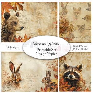 DIGITAL Junk Journal Paper / Design Animali della foresta / 14 pagine / File per la stampa / Scrapbook / Collage / DIN A4