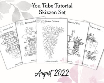 Skizzen Set August / 5 Skizzen zum ausdrucken / Tutorial Skizzen und Vorlagen für You Tube Videos