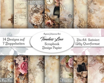 Handgemacht Journal Papier / Timeless Love / 7 doppelseitig bedruckte Seiten mit 14 verschiedenen Designs + Fuzzy Cuts