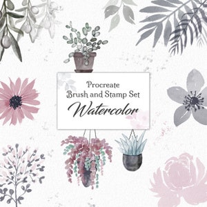 Könnte beinhalten: Aquarell-Pinsel- und Stempelset für die Procreate-App. Das Set enthält verschiedene florale und pflanzliche Illustrationen in Grautönen, Rosa und Grün.