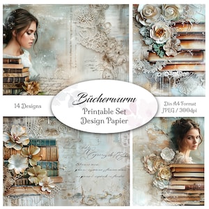 Könnte beinhalten: Ein Set mit 14 druckbaren digitalen Papieren im Vintage-Stil mit Bildern von Büchern, Blumen, Spitze und handschriftlichem Text. Die Papiere sind für Scrapbooking, Kartenherstellung und andere Papierarbeiten gedacht. Der Text auf dem Bild lautet "Bücherwurm Printable Set Design Papier Din A4 Format JPEG/300dpi".