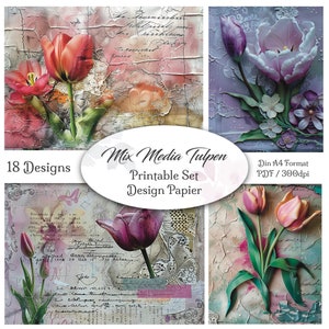 DIGITAL Junk Journal Papier / Design MixMedia Tulpen / 18 Seiten / Dateien zum Ausdrucken / Scrapbook / Collage / DIN A4