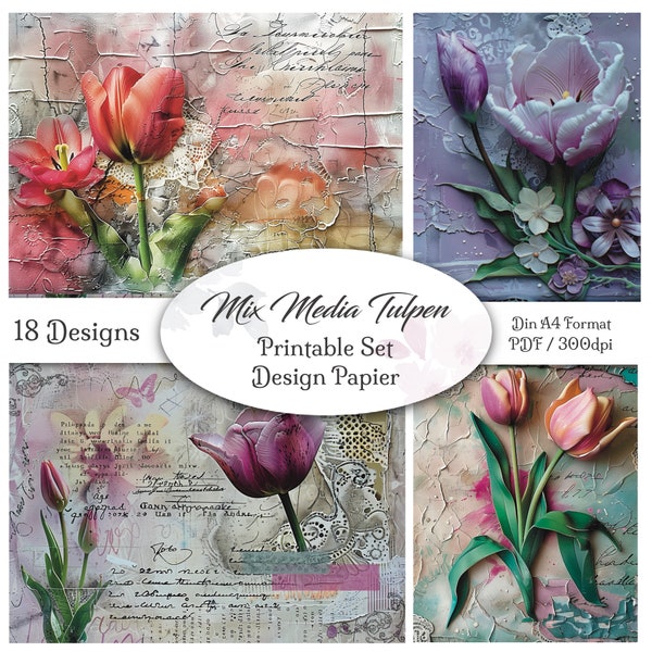 DIGITAL Junk Journal Papier / Design MixMedia Tulpen / 18 Seiten / Dateien zum Ausdrucken / Scrapbook / Collage / DIN A4