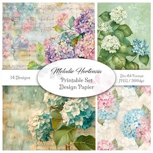 May include: A collection of four printable designs featuring watercolor illustrations of hydrangeas in shades of pink, purple, blue, and white. The designs include musical notes and vintage-style backgrounds. The text reads "Melodie Hortensia Printable Set Design Papier".