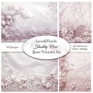 Puede incluir: Un conjunto de 14 papeles digitales imprimibles con delicados diseños de encaje blanco y flores sobre un fondo rosa suave. Los papeles están etiquetados "Laces & Florals Shabby Rose Basic Printable Set" y están en formato Din A4, JPEG, 300dpi.