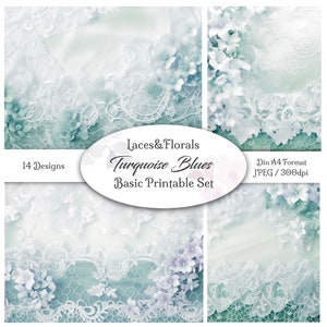 May include: A set of 14 printable digital papers featuring turquoise blue and white lace patterns with delicate floral designs. The papers are labeled "Laces & Florals Turquoise Blues Basic Printable Set" and are in Din A4 format at 300dpi.