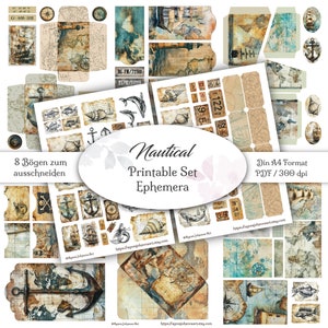 DIGITALE Junk Journal Ephemera / Design Nautical / 8 pagina's voor afdrukken / Scrapbook Design Paper / Collage / A4-formaat