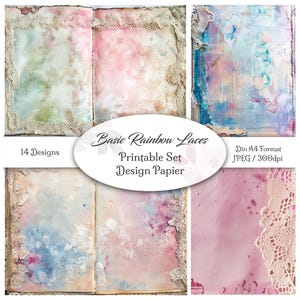 Könnte beinhalten: Ein Set mit 14 druckbaren digitalen Papieren mit einem Aquarellhintergrund und Spitzenüberlagerungen in verschiedenen Pastellfarben. Die Papiere sind im A4-Format und mit 300 dpi Auflösung. Basic Rainbow Laces Printable Set Design Papier.