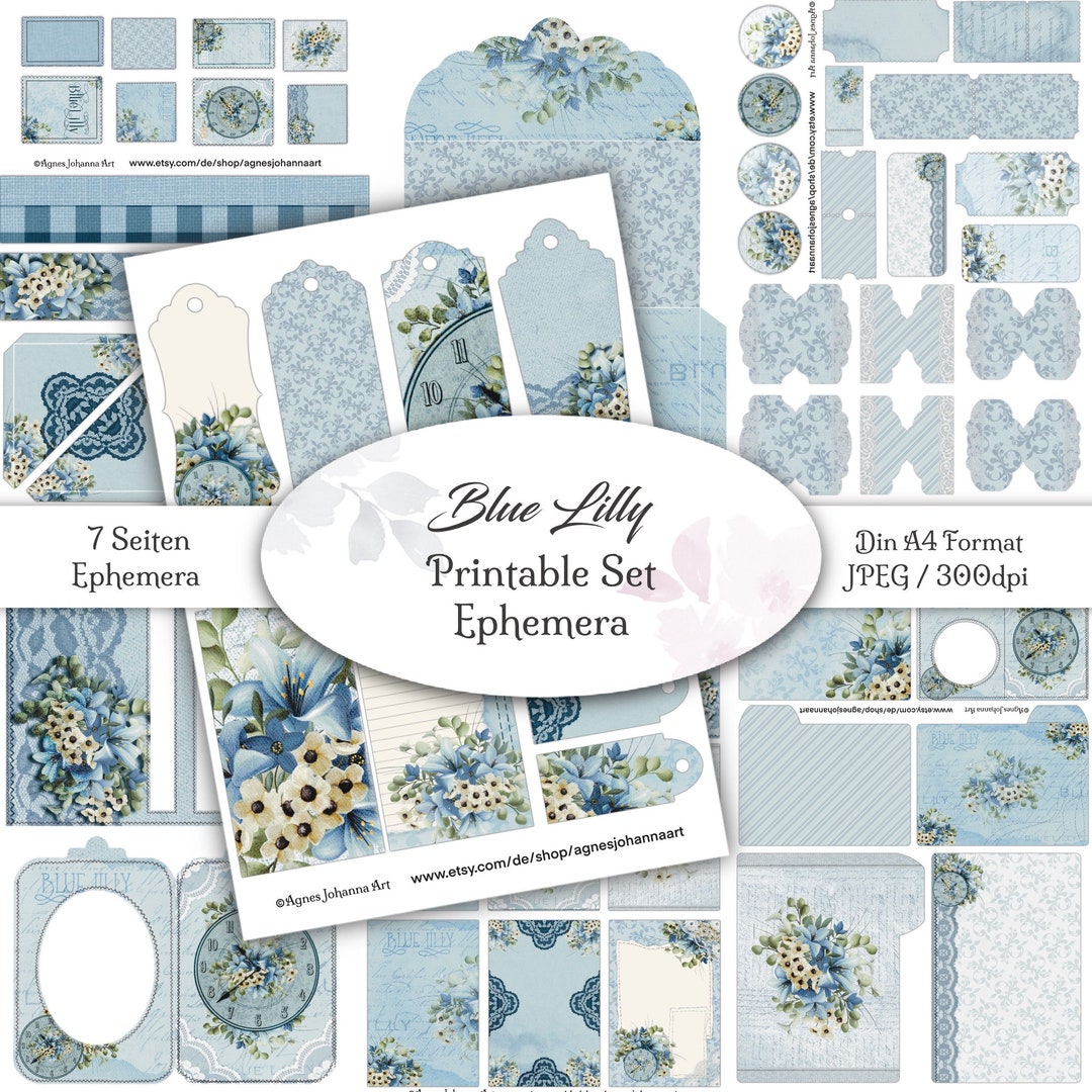 DIGITAL Junk Journal Ephemera / Blue Lilly Design / 7 Printable Pages ...