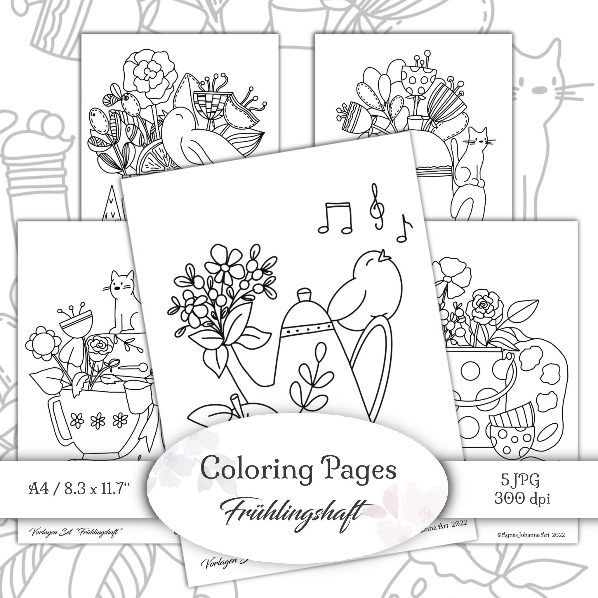 Coloring pages / 5 templates for coloring / Cute hand-drawn illustrations / for printing