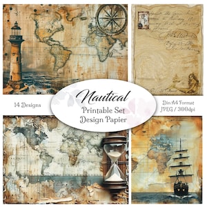 DIGITAAL Junk Journal-papier / Design nautisch / 14 pagina's / bestanden voor afdrukken / Scrapbook / Collage / DIN A4