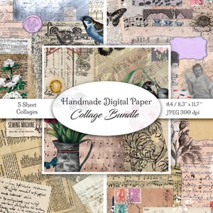 Puede incluir: Un paquete de collage de papel digital con 5 hojas, cada una con un diseño vintage único. Los diseños incluyen patrones florales, notas musicales, texto escrito a mano y sellos antiguos. Las hojas de collage son perfectas para scrapbooking, creación de tarjetas y otros proyectos creativos.