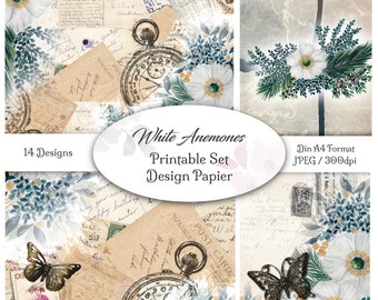 DIGITAL Junk Journal Paper / Design White Anemones / 14 Pages / Files for Printing / Scrapbook / Collage / DIN A4