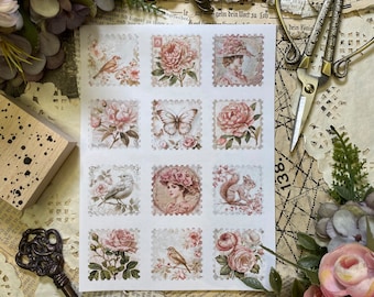 Handgemachte Ephemera / Ein Bogen mit 12 Briefmarken Stickern / Shabby Chic Design Rosa