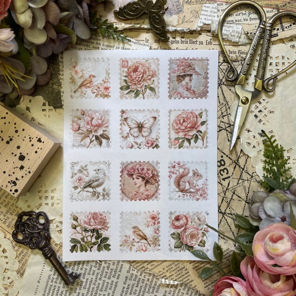 Handgemachte Ephemera / Ein Bogen mit 12 Briefmarken Stickern / Shabby Chic Design Rosa