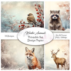 DIGITAL Junk Journal Papier / Design Winter Tiere / 14 Seiten / Dateien zum Ausdrucken / Scrapbook / Collage / DIN A4