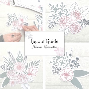 Könnte beinhalten: Ein Layout-Guide für Blumenarrangements, der vier verschiedene Kompositionen aus Blumen und Grün zeigt. Der Guide enthält einen Titel, der "Layout Guide Blumen Komposition" lautet.