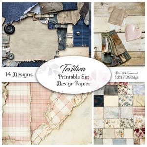 Könnte beinhalten: Eine digitale Collage mit Stoffmustern, einem Miniaturrock und -hemd sowie einer herzförmigen Dekoration. Das Bild enthält den Text "Textilien Printable Set Design Papier" und "14 Designs". Das Gesamtthema ist Stoff und Design.