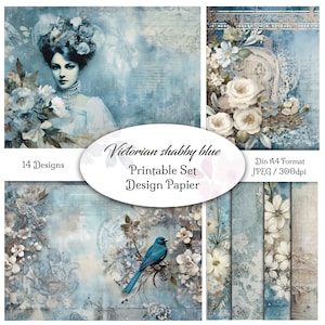 DIGITAL Junk Journal Paper / Design Victorian shabby blue / 14 pages / Files for printing / Scrapbook / Collage / DIN A4