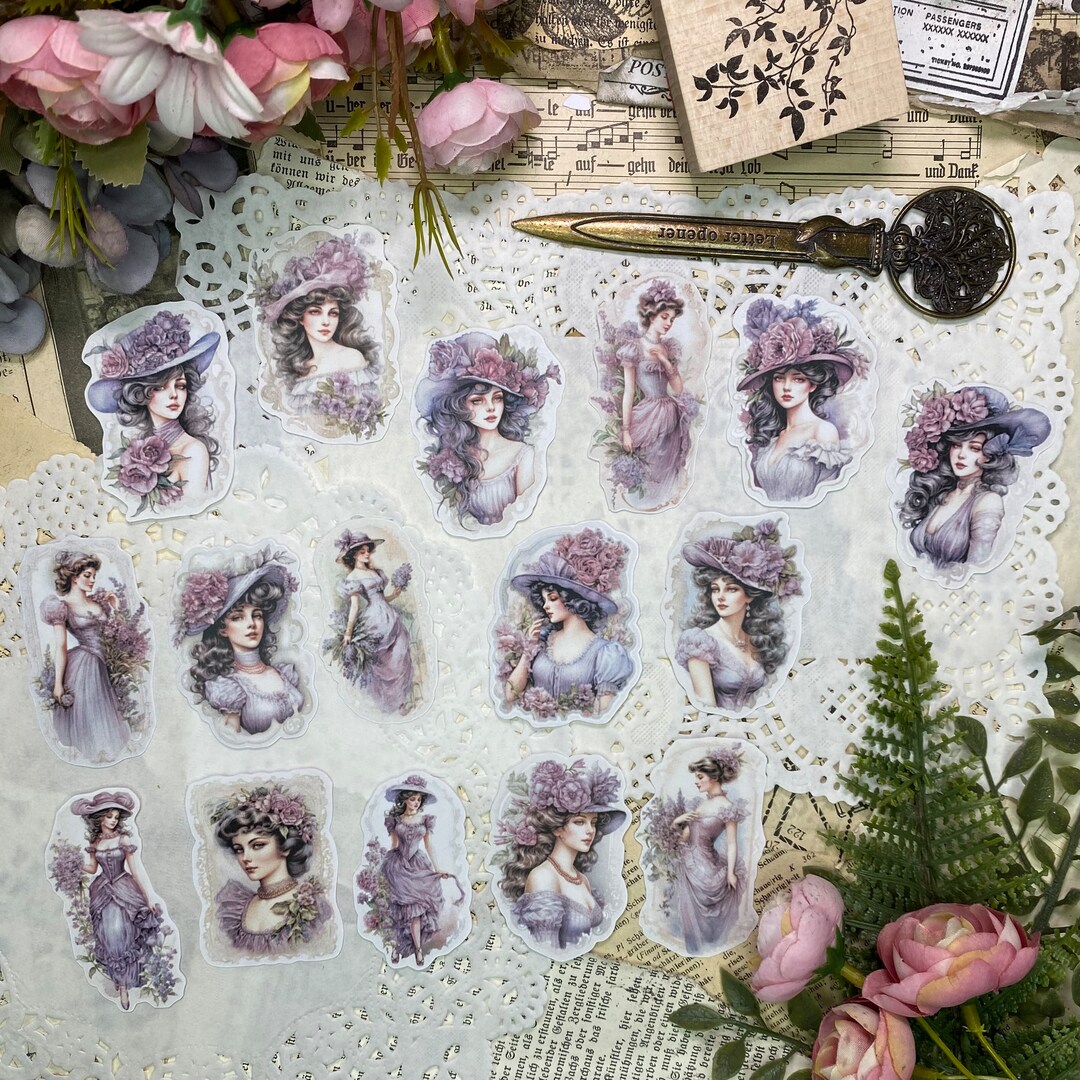 Handmade Ephemera / 16 Individually Cut Stickers / Vintage Etsy