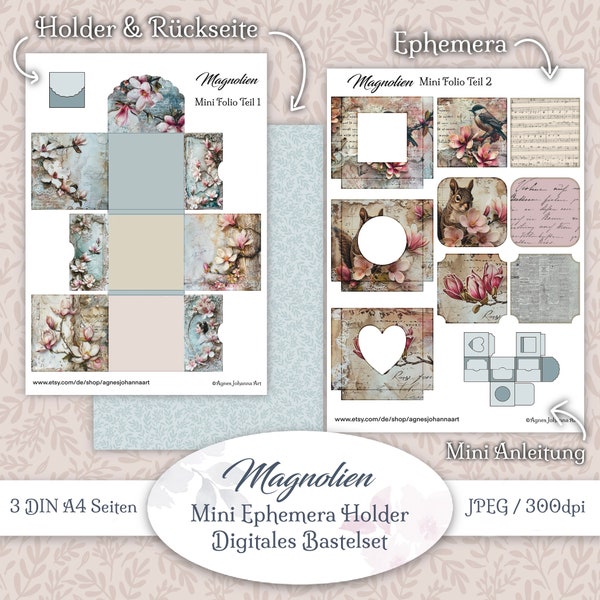 DIGITAL Junk Journal / Craft Set Mini Ephemera Holder / Magnolias / 3 Páginas Din A4 para imprimir JPEG