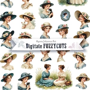 Könnte beinhalten: Digitale Kunst mit mehreren Illustrationen von Frauen in Vintage-Kleidung, die Hüte mit Blumen tragen. Einige Illustrationen enthalten Haustiere. Der Text "Agnes Johanna Art" und "Digitale FUZZYCUTS" ist ebenfalls vorhanden.