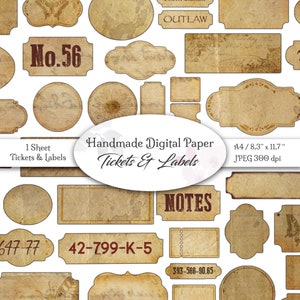 Digitales Designpapier / Handgemalte Labels und Tickets / Designpapier zum Ausdrucken für Junk Journal und Scrapbooking