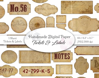 Digitales Designpapier / Handgemalte Labels und Tickets / Designpapier zum Ausdrucken für Junk Journal und Scrapbooking