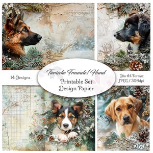 DIGITAL Junk Journal Papier / Design Tierische Freunde Hund / 14 Seiten / Dateien zum Ausdrucken / Scrapbook / Collage / DIN A4
