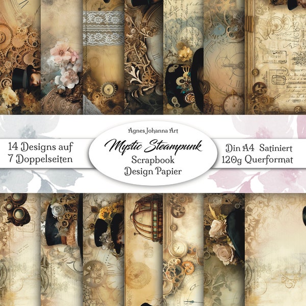 Handgemacht Journal Papier / Mystic Steampunk / 7 doppelseitig bedruckte Seiten mit 14 verschiedenen Designs + Fuzzy Cuts