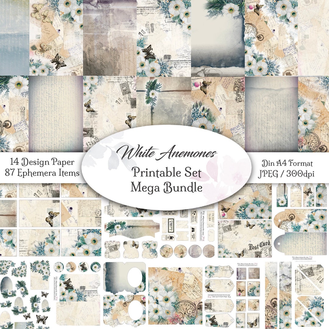 DIGITAL Junk Journal MEGA Bundle / Design White Anemones / 21 Pages ...