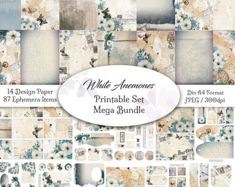 DIGITAL Junk Journal MEGA Bundle / design white anemones / 21 pages / files to print / scrapbook / collage / DIN A4