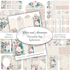 DIGITAL Junk Journal Ephemera / Design Roses and Anemones / 7 Seiten zum Ausdrucken / Scrapbook Design Paper / Collage / A4 Format