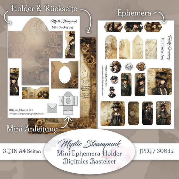 DIGITAL Junk Journal / Bastelset Mini Ephemeraholder / Mystic Steampunk / 3 Din A4 Seiten zum Ausdrucken JPEG