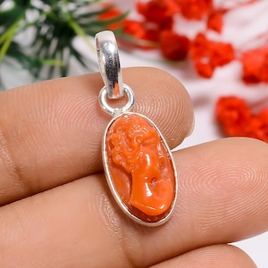 Natural Italian Red Coral Carved Pendant | 925 Sterling Silver Pendant | Handcrafted Carving Coral Pendant | Minimalist Red Coral Pendant