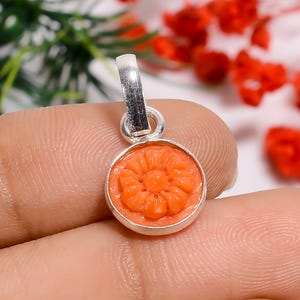 Natural Red Coral Flower Carving Pendant | 925 Sterling Silver Pendant | Italian Coral Pendant | Minimalist Pendant | Handmade Jewelry Gift