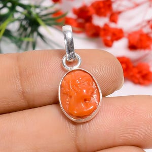 Italian Red Coral Dainty Pendant | 925 Sterling Silver Pendant | Natural Red Coral Pendant | Coral Carving Pendant | Oval Shape Pendant