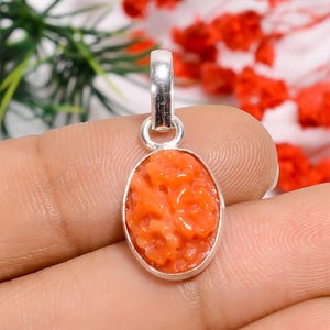 Natural Italian Red Coral Silver Pendant | 925 Sterling Silver Pendant | Handmade Minimalist Pendant | Oval Shape Red Coral Carving Pendant