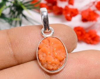 Colgante ovalado de coral rojo: joyería artesanal de plata de ley 925